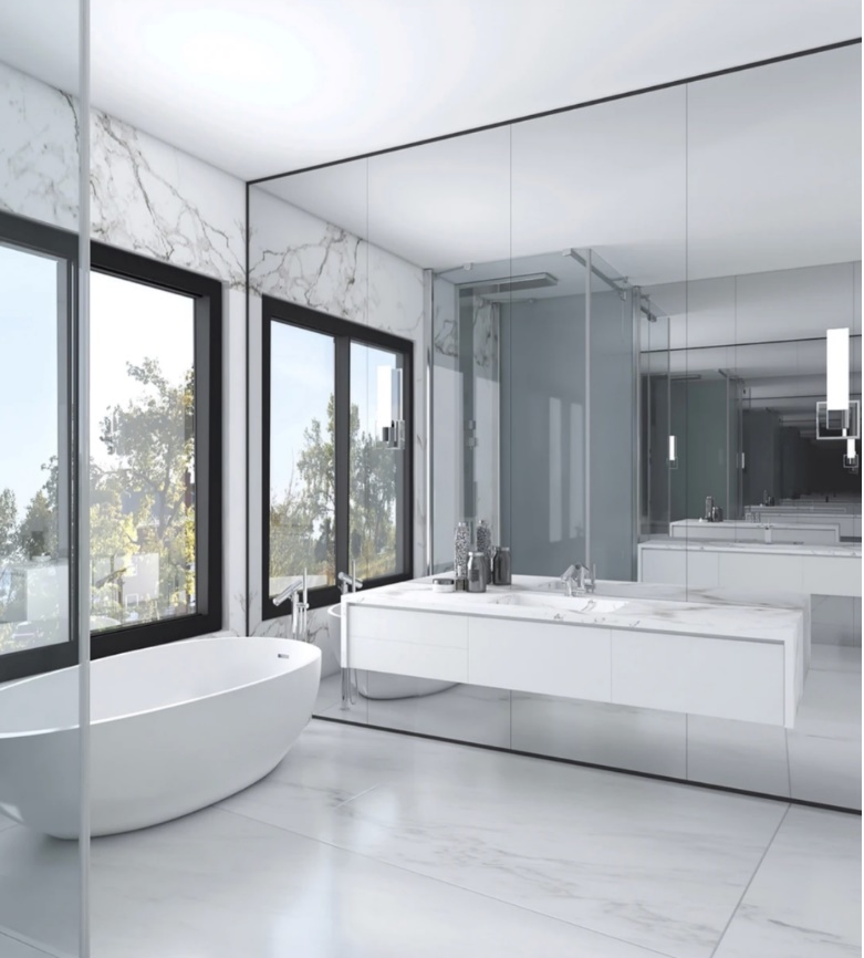 A sleek, modern bathroom with a large soaking tub, marble walls, and floor-to-ceiling windows