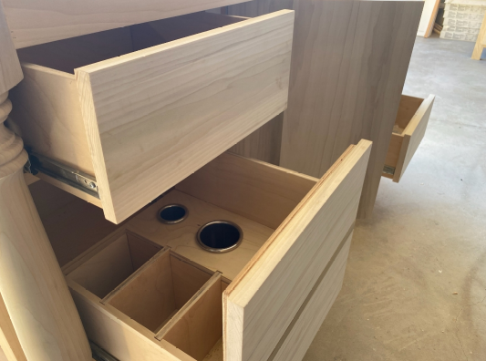 A large wooden attachment in a kitchen remodel.