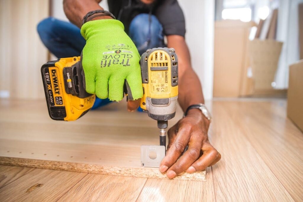 Contractor performing detailed construction work during a residential home addition project in Santa Barbara.